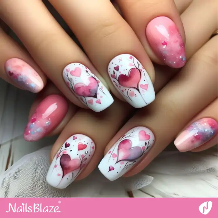 Pink and White Watercolor Heart Nails | Valentine Nails - NB2369